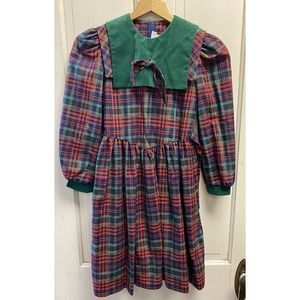 Vintage Jayne Copeland Girl’s Size 10 Plaid Dress Velvet Trim Green Red 1980s